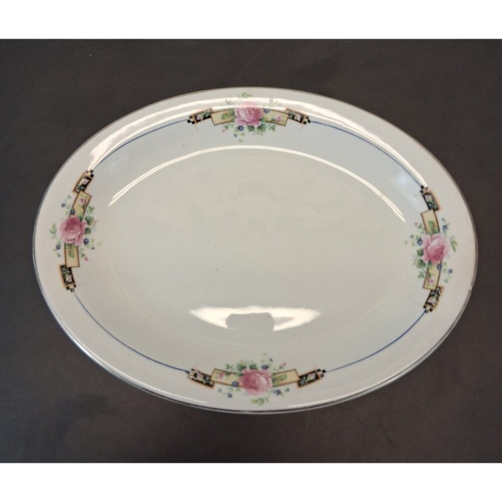 Antique W S George Derwood Oval Serving Bowl Pink Roses 11" Made in USA VTG 1910